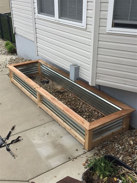 corrugated metal and wood planter box|corrugated metal raised garden bed.